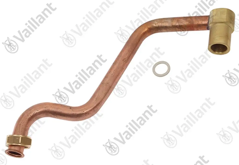 Vaillant Rohr aus Kupfer mit einer gebogenen Form und Verbindungen an beiden Enden, dazu eine Gummidichtung.